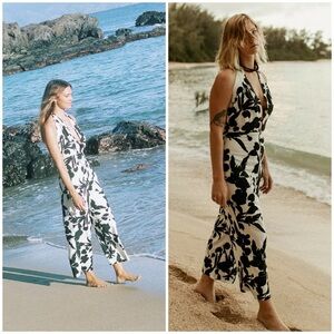 WUESTE / linen keoni floral black white halter plunge jumpsuit 8